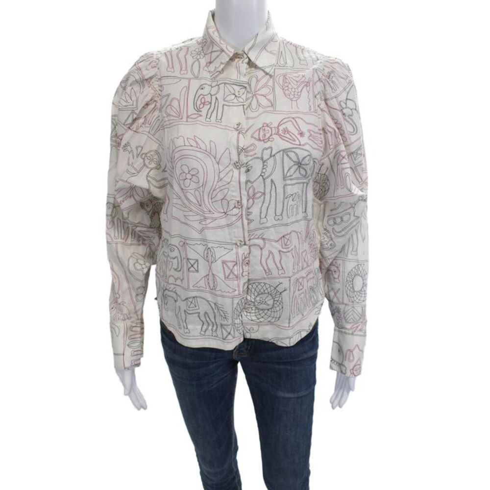 Magali Pascal Womens Collared Button Up Cotton Animal Graphic Blouse Size XS